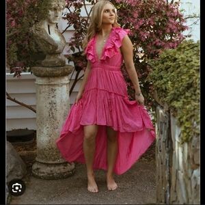 Ruffled V-Neck High-Low Maxi Dress in Hot Pink